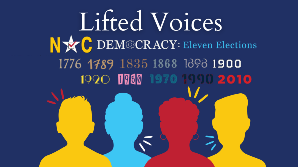 Lifted Voices Democracy title and silhouettes of four heads