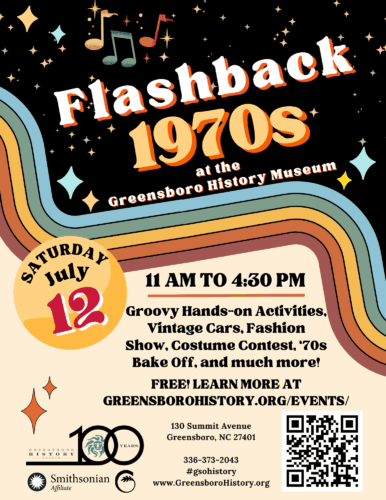 Flashback 1970s flyer with rainbow, stars, and music notes. Saturday June 12