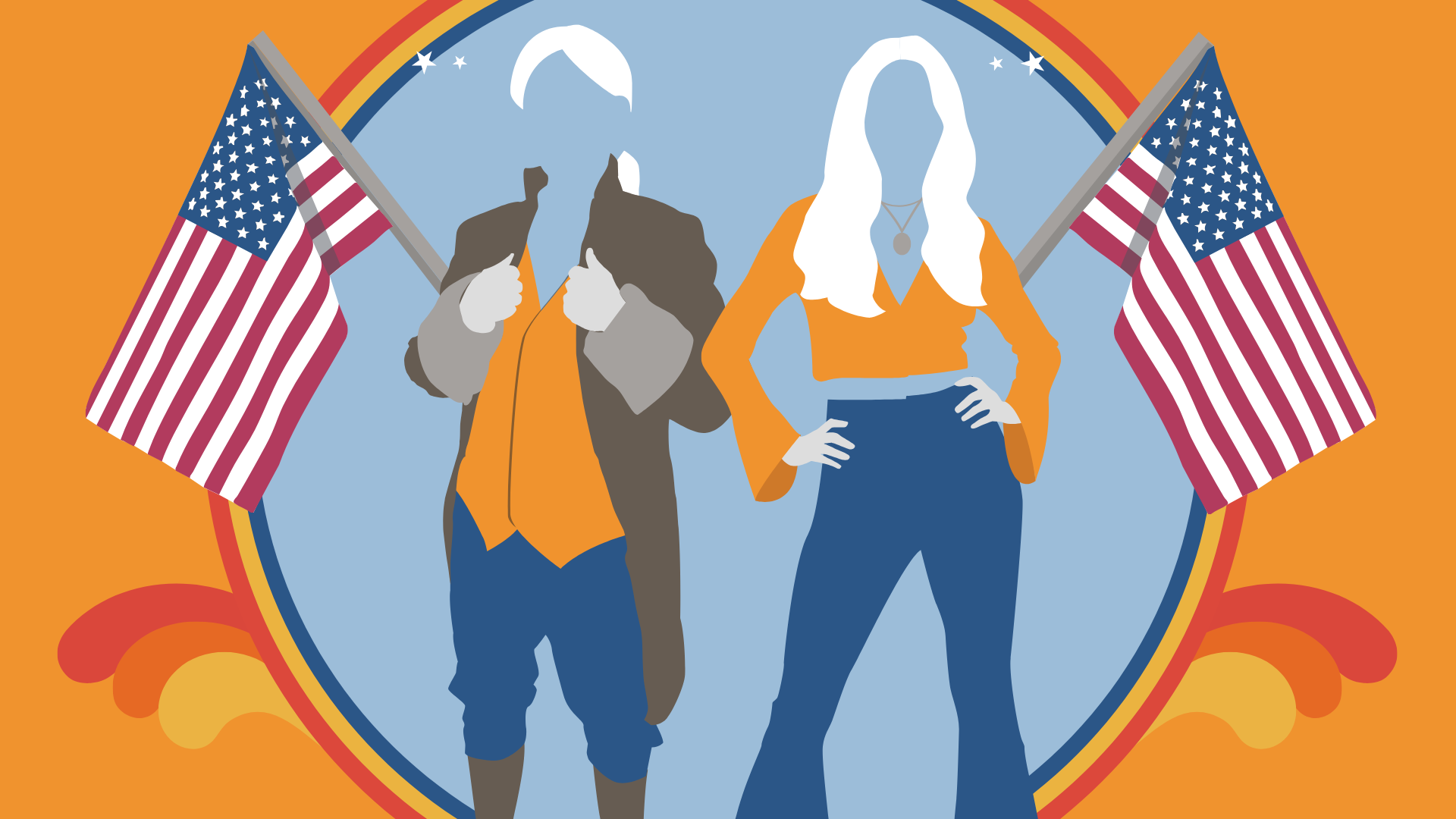 silhouette illustration of male figure in 1770s wear and woman in 1970s wear with American flags