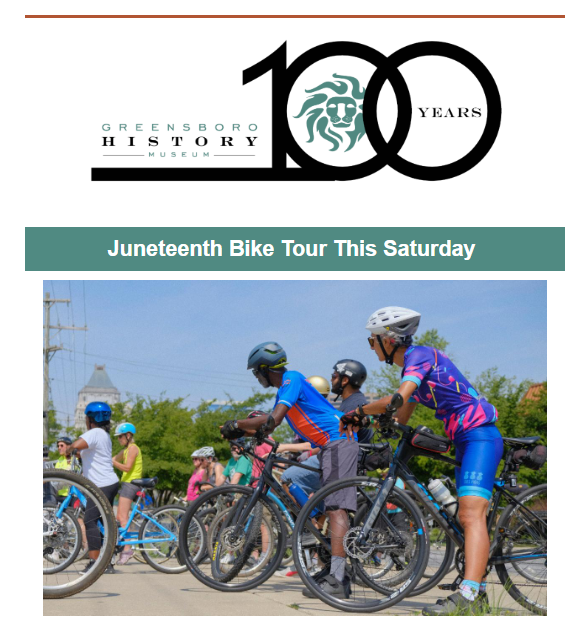 Enews header with museum logo and cyclists on tour in front of city skyline